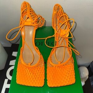 Orange Bottega Veneta Mesh Nappa Heels Sz 42